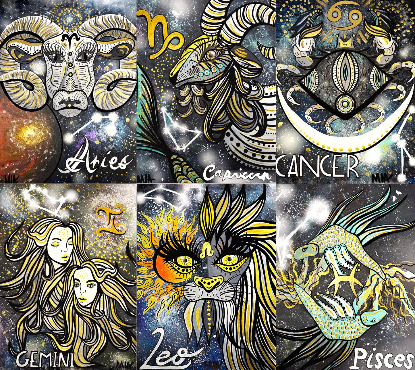 Capricorn Zodiac Sign Astrology Colored Painting Prints with or without Frame