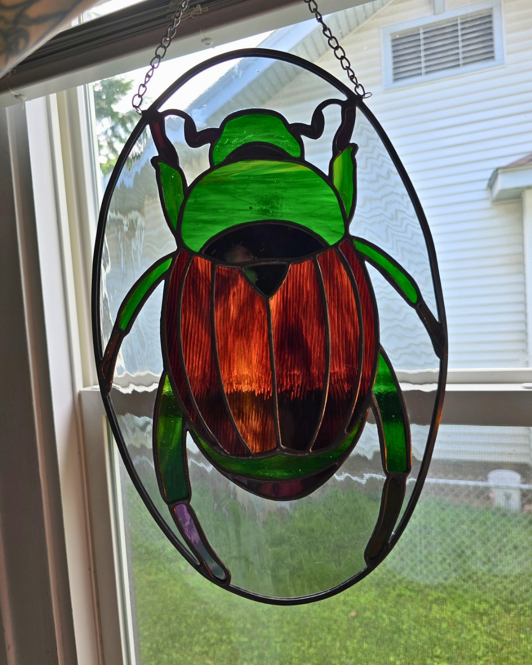Beetle Giant Green Stained Glass Suncatcher Oval Panel