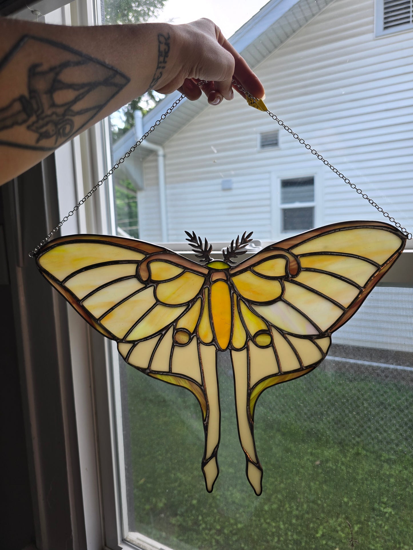 Moth Green Yellow Luna Butterfly Stained Glass Suncatcher