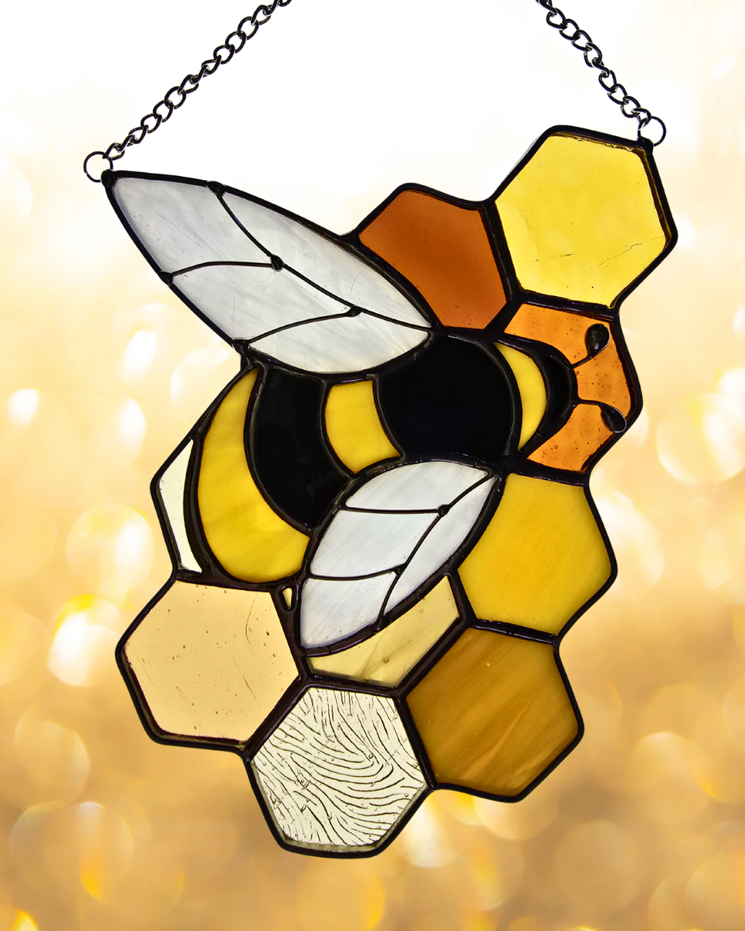 Bumble Bee Honeycomb Stained Glass Suncatcher