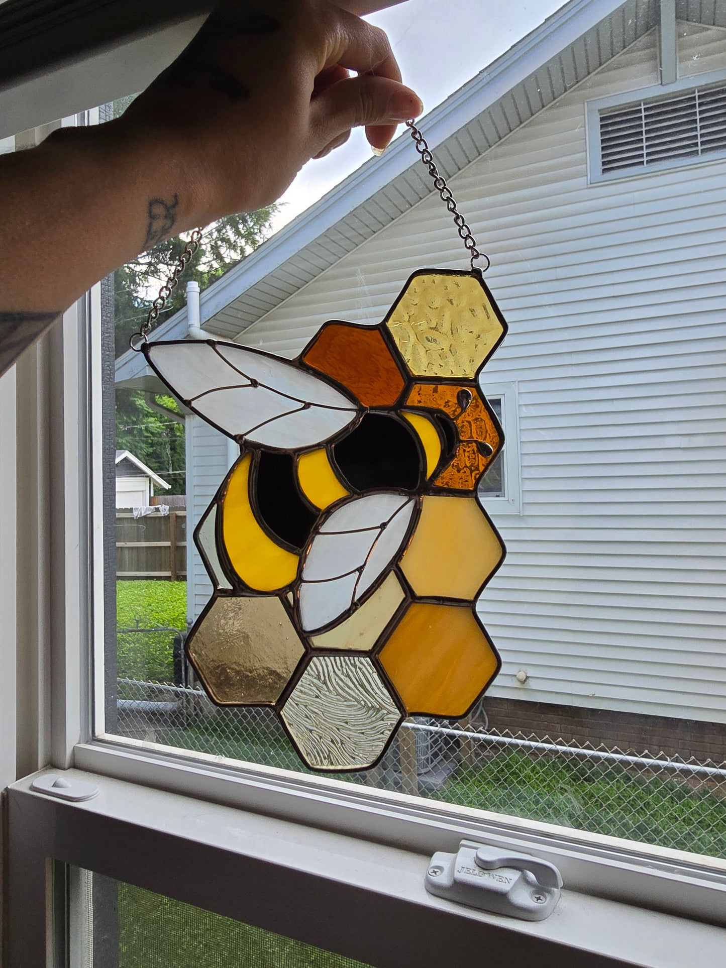 Bumble Bee Honeycomb Stained Glass Suncatcher