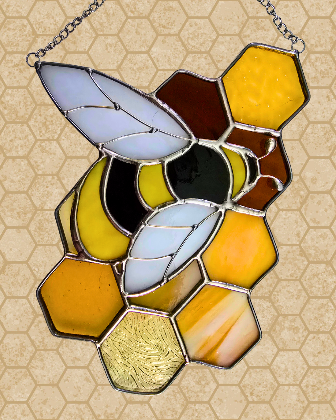Bumble Bee Honeycomb Stained Glass Suncatcher