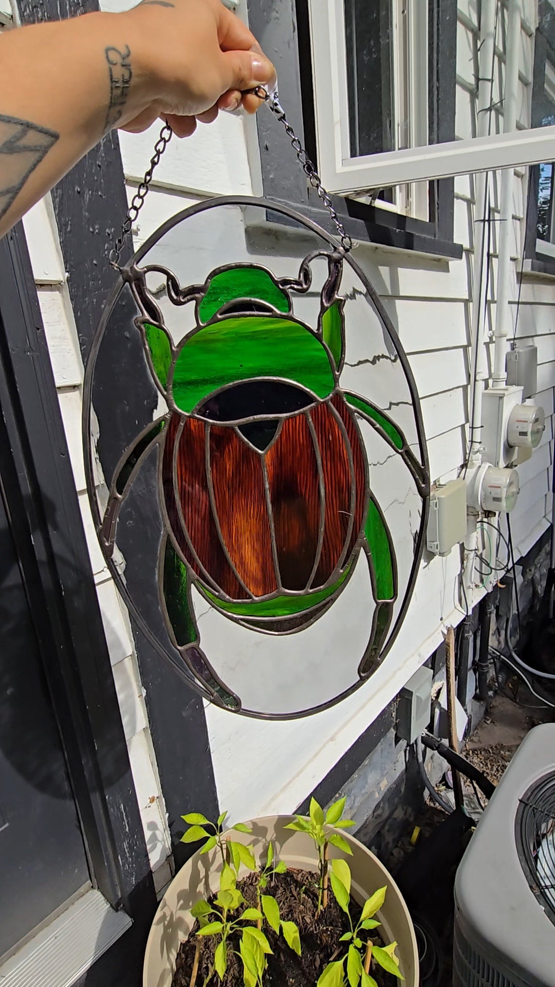 Beetle Giant Green Stained Glass Suncatcher Oval Panel