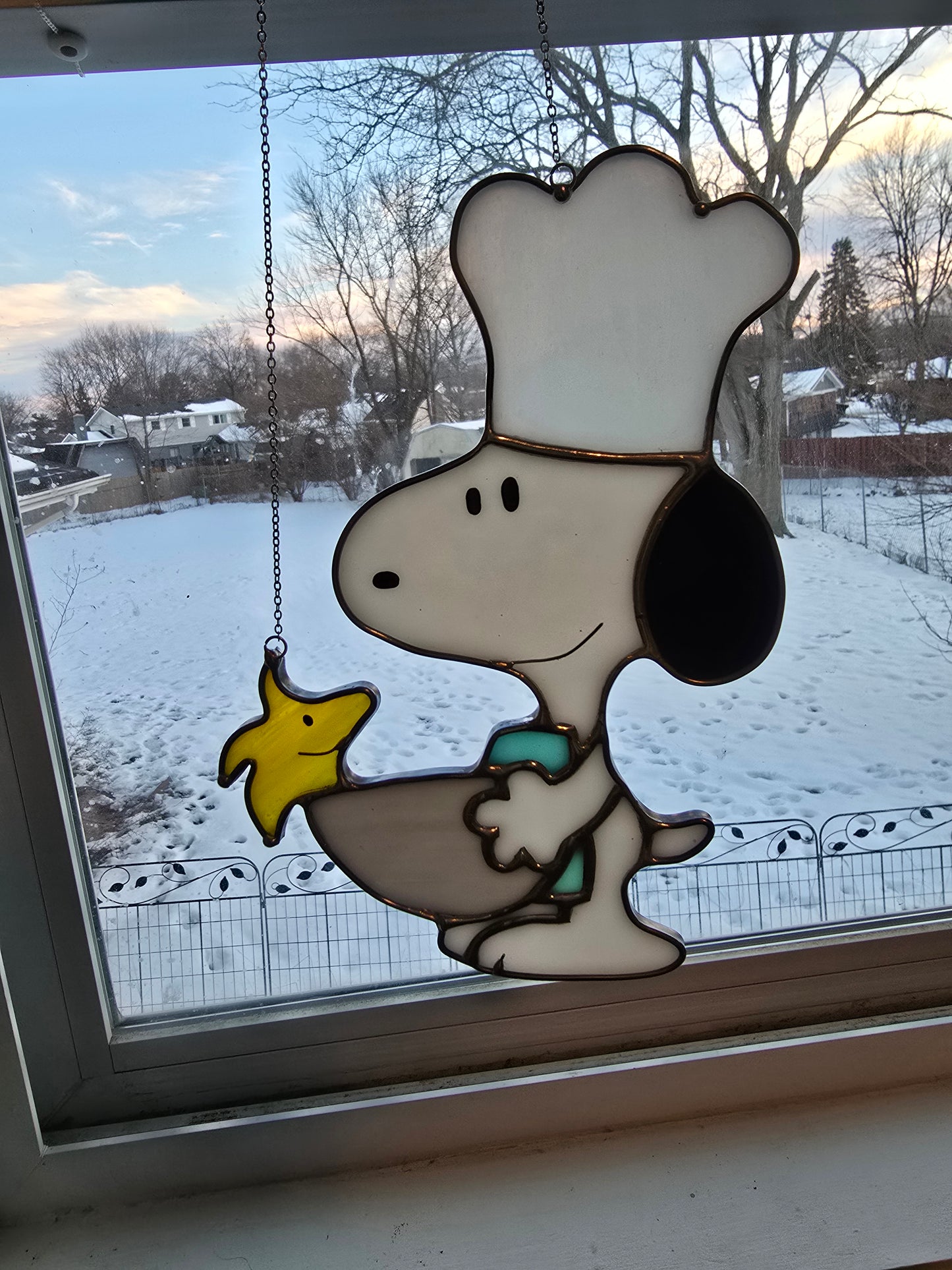 Snoopy Cook and Woodstock Inspired Stained Glass Suncatcher