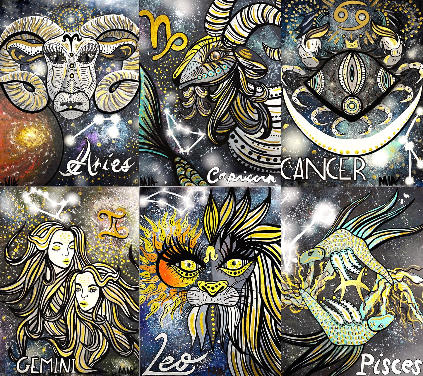 Pisces Zodiac Signs Astrology Colored Painting Prints with or without Frame