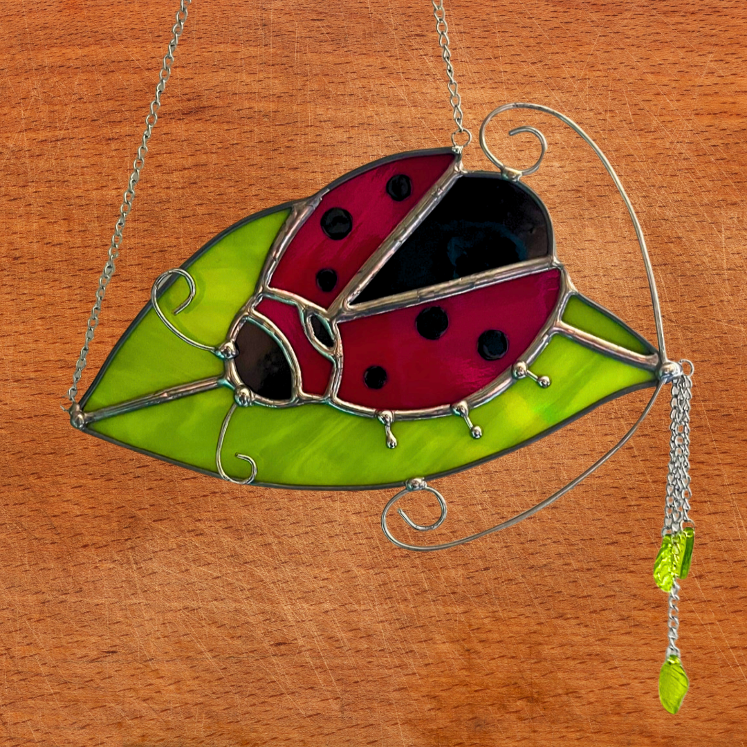 Lady Bug Leaf Stained Glass Suncatcher