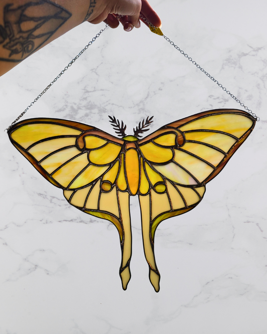 Moth Green Yellow Luna Butterfly Stained Glass Suncatcher