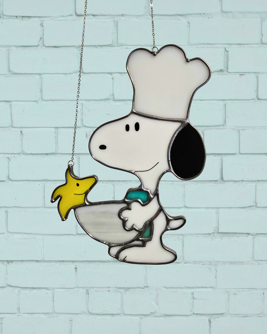 Snoopy Cook and Woodstock Inspired Stained Glass Suncatcher