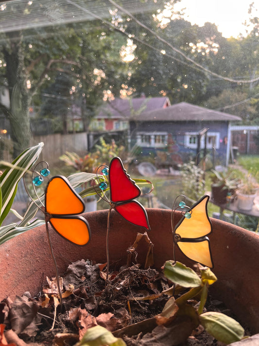 Assorted Stained Glass Butterfly Dragonfly Plant Stakes Suncatchers